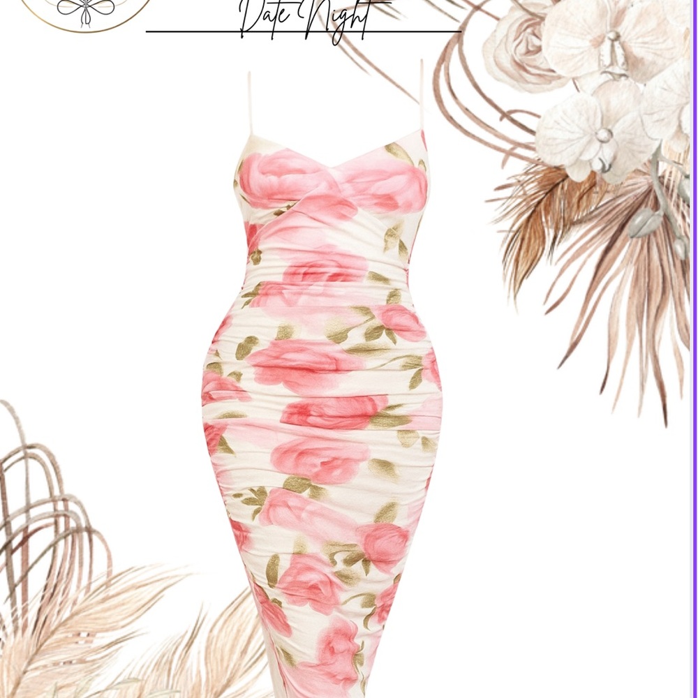 SHEIN Pink and White Ruched Bodycon Midi Dress